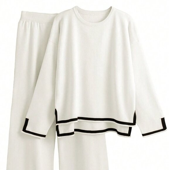 White Casual Women's Color Block Sweater Set - Picture 2 of 8